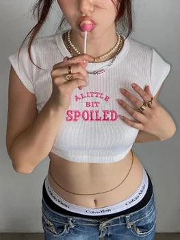 Летняя сексуальная женская сексуальная футболка, укороченный топ с коротким рукавом и круглым вырезом, футболка с вышитыми буквами, женская уличная одежда, короткий топ