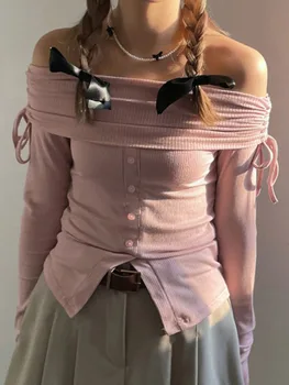 Женские трикотажные топы Y2K с открытыми плечами, однотонная футболка в рубчик с разрезом на пуговицах спереди и длинным рукавом без бретелек