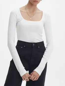 Женские однотонные топы в рубчик с длинным рукавом и кружевной отделкой, облегающие футболки с круглым вырезом, уличная одежда Y2k Harajuku, базовая верхняя одежда