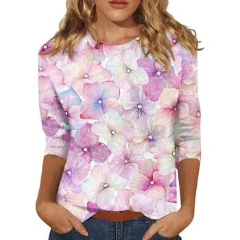 Женская верхняя блузка, летняя модная повседневная блузка с рукавом три четверти, винтажный пуловер с цветочным принтом и круглым вырезом, ropa de mujer