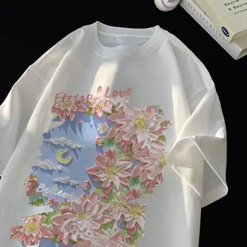 Хлопчатобумажная футболка с короткими рукавами для мужчин и женщин, летняя новинка, модный бренд с принтом, свободный, оверсайз, Гонконгский стиль, модные футболки с короткими рукавами