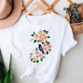 Женская футболка с милым акварельным цветочным рисунком и короткими рукавами, повседневная забавная летняя базовая белая футболка 90-х.
