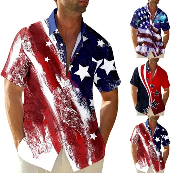 Мужская летняя повседневная рубашка с принтом в честь Дня независимости, короткий рукав, отложная повседневная рубашка оверсайз, светская рубашка
