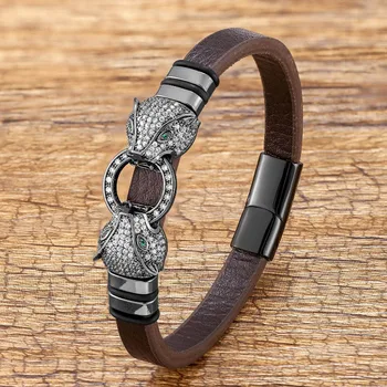 Zlxgirl Мужской ювелирный браслет с двумя леопардовыми животными, черный кожаный браслет, золотой браслет из Дубая, модные украшения, бесплатная доставка