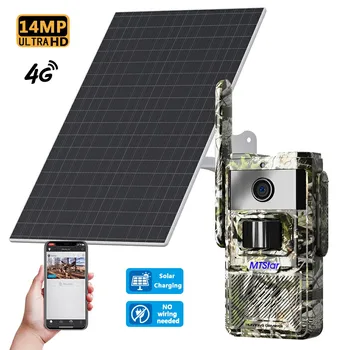 Камера для охоты и слежения 14-Мегапиксельная 4G Беспроводная камера для охоты на солнечных батареях, водонепроницаемая камера ночного видения Wild Cam для мониторинга дикой природы