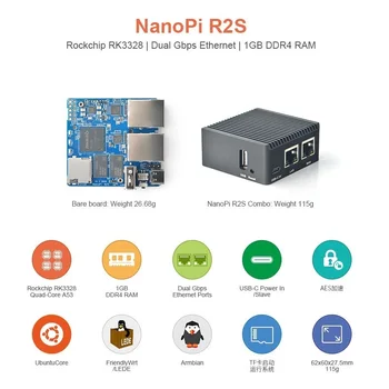 NanoPi R2S Combo 1G DDR4 RAM, Rockchip RK3328, Quad Cortex-A53, LAN с двумя портами Ethernet 1000M, USB3.0, OpenWRT, U-boot, ядро Ubuntu