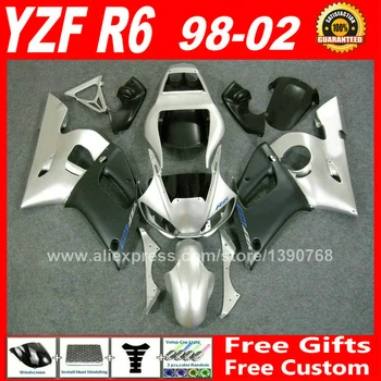 Мотоциклетный обтекатель подходит для YAMAHA YZF R6 98 99 00 01 02 Серебристый плоский blk R6 1998 1999 2000 2001 2002 yzfr6 комплекты обтекателей T5R4
