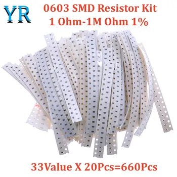 0603 SMD Комплект резисторов Ассорти 1 Ом-1 М Ом 1% 33 Значение X 20шт = 660шт Набор образцов